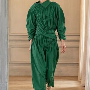 $638 Dawei studio Chic Green Shirred long sleeve Blouse p/o, Sz 34 (S)